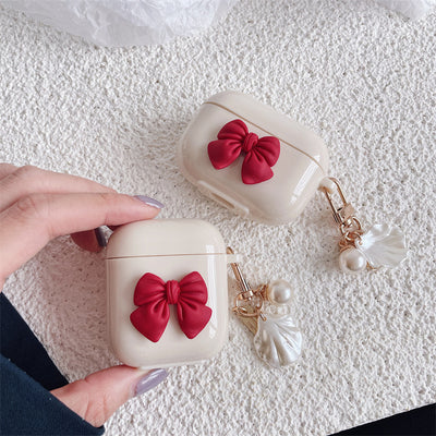 Beige, Red Bow, Shell Pendant, Wireless Earphone Case