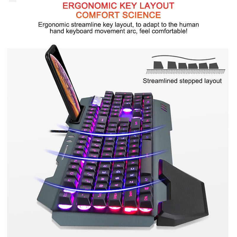RGB Ergonomic Wired Gaming Keyboard, Phone Holder, Pen Holder