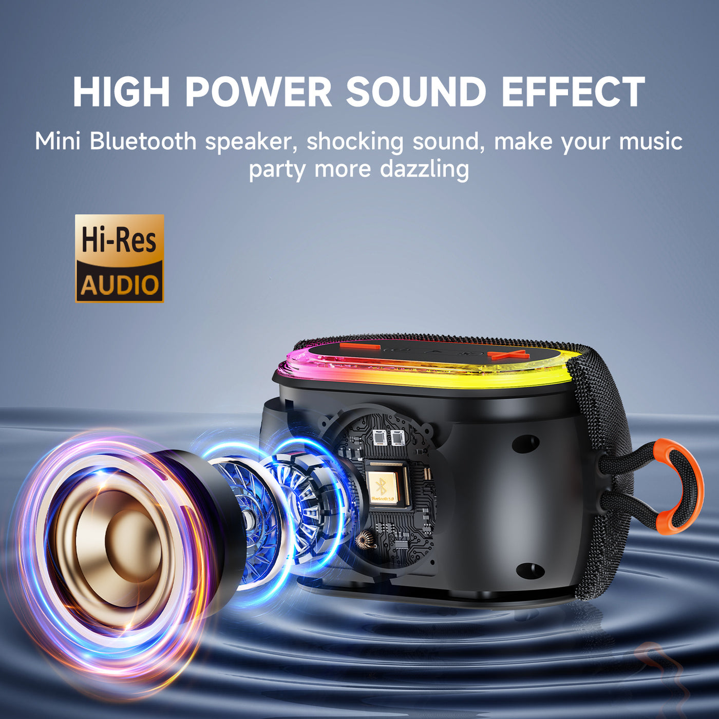 JYX L1Black Portable Bluetooth Speaker, Mini, Wireless, DJ Lights, Rich Stereo Bass, Aux, IPX7 Waterproof