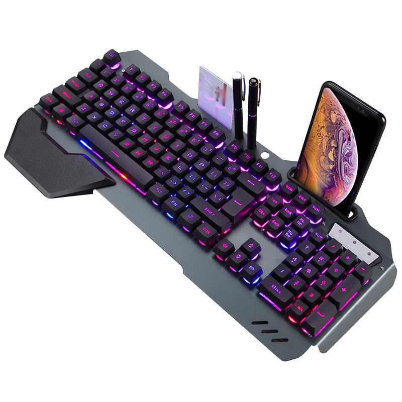RGB Ergonomic Wired Gaming Keyboard, Phone Holder, Pen Holder