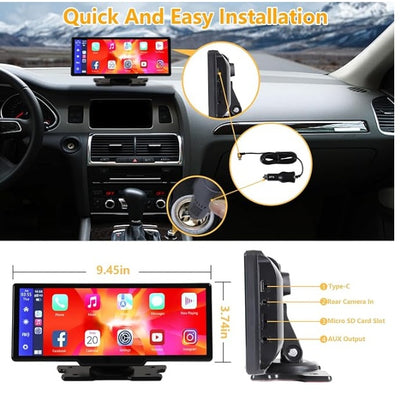 Portable, Wireless, Apple Car play, 2.5K Camera, 1080P Back Cam, 9.3inches, Android Auto Car Play, Bluetooth, GPS Navigation, Touch Screen, FM Radio System