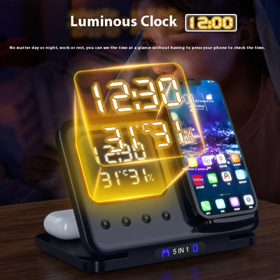 5 In1 15W Wireless Fast Charger Dock, LED Digital Alarm Clock