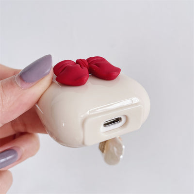 Beige, Red Bow, Shell Pendant, Wireless Earphone Case