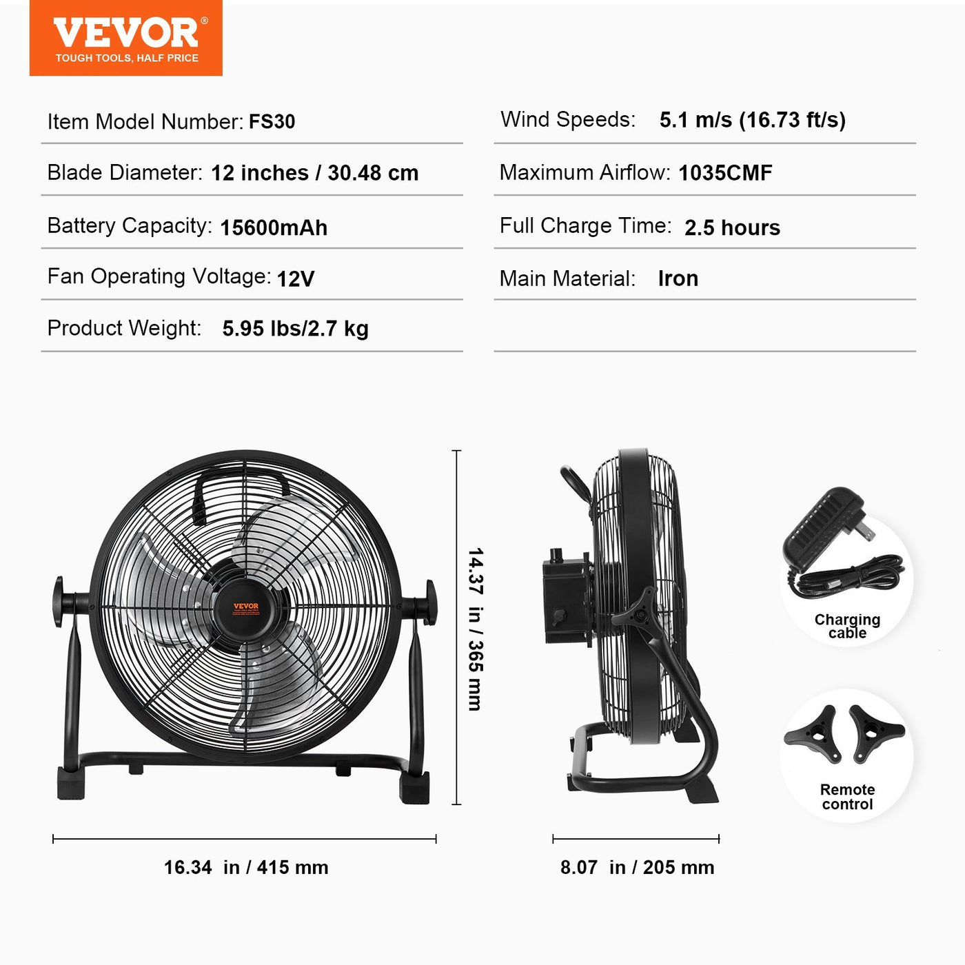 VEVOR Cordless Fan, Portable, Quiet, 360 Degree Pivoting Head, Stepless Speed Regulation, High Velocity, Cordless, Heavy Duty Metal