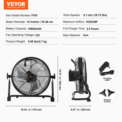 VEVOR Cordless Fan, Portable, Quiet, 360 Degree Pivoting Head, Stepless Speed Regulation, High Velocity, Cordless, Heavy Duty Metal