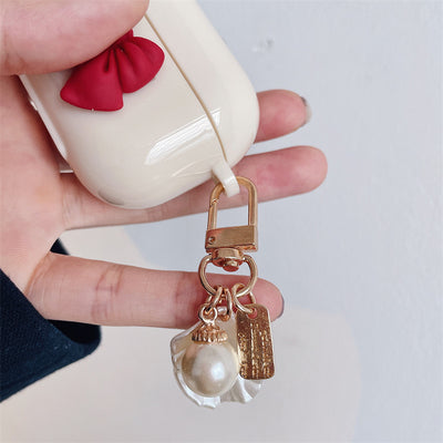 Beige, Red Bow, Shell Pendant, Wireless Earphone Case