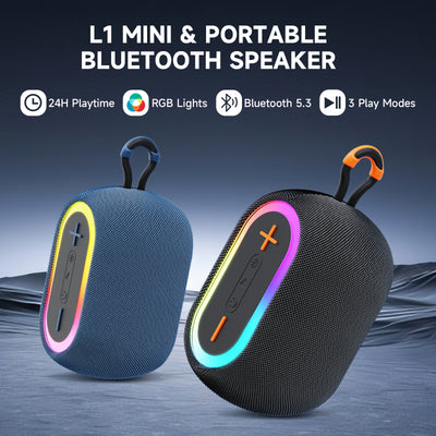 JYX L1Black Portable Bluetooth Speaker, Mini, Wireless, DJ Lights, Rich Stereo Bass, Aux, IPX7 Waterproof