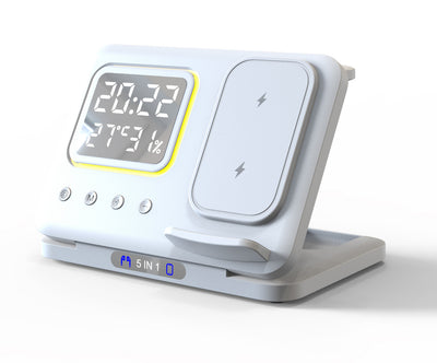 5 In1 15W Wireless Fast Charger Dock, LED Digital Alarm Clock