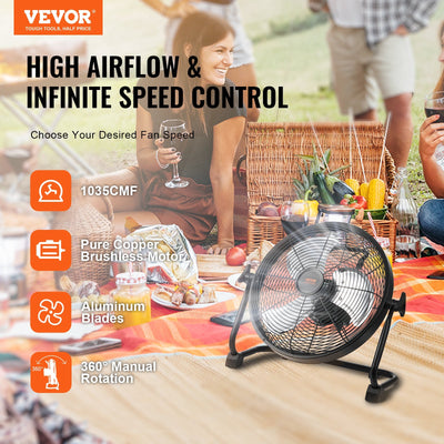 VEVOR Cordless Fan, Portable, Quiet, 360 Degree Pivoting Head, Stepless Speed Regulation, High Velocity, Cordless, Heavy Duty Metal