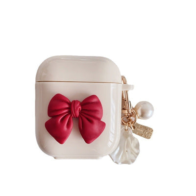 Beige, Red Bow, Shell Pendant, Wireless Earphone Case