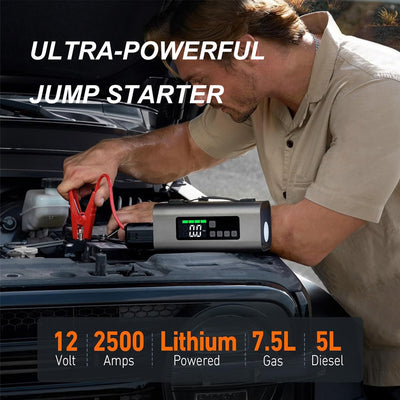Jump Starter With Air Compressor And Air Pump, 2500A Battery, 150PSI Tire Inflator, Up To 7.5L Gas, 5.0L Diesel Engine, 2 LED Screen For Car Tires, Air Mattress, Inflatables