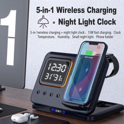 5 In1 15W Wireless Fast Charger Dock, LED Digital Alarm Clock