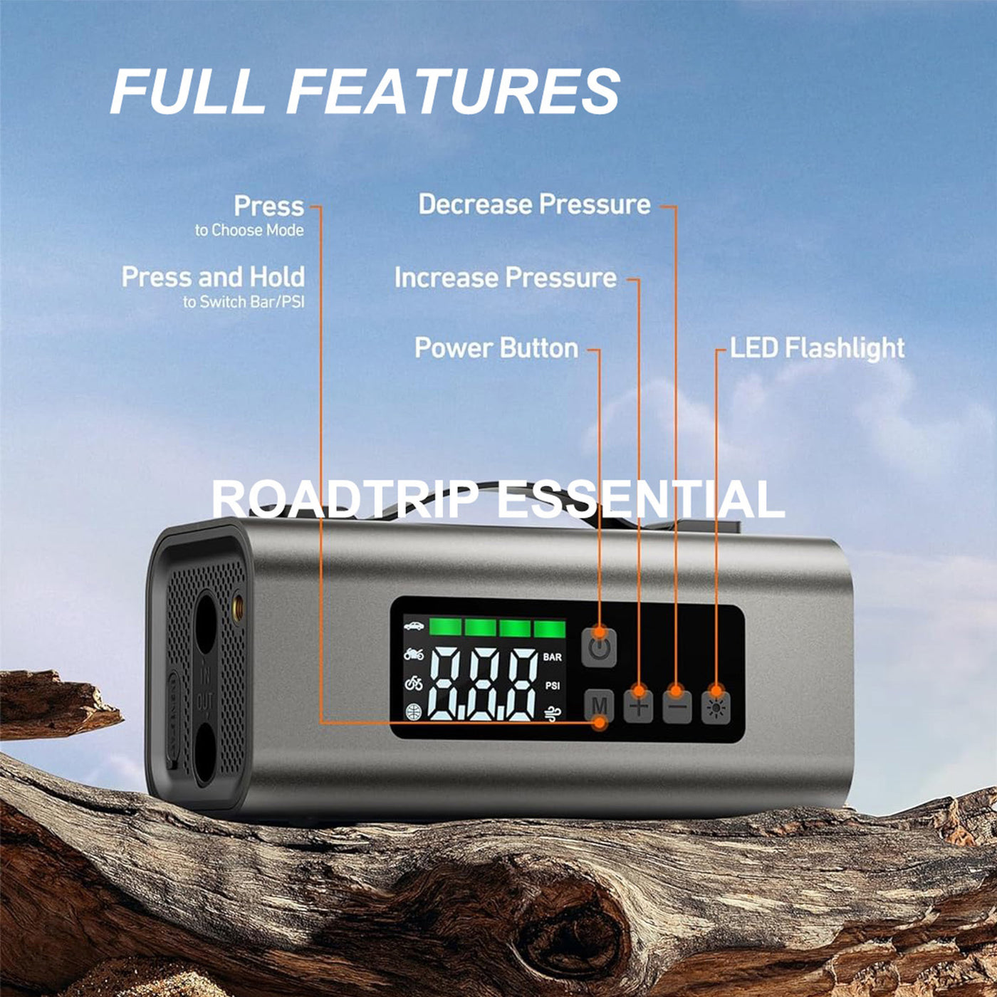 Jump Starter With Air Compressor And Air Pump, 2500A Battery, 150PSI Tire Inflator, Up To 7.5L Gas, 5.0L Diesel Engine, 2 LED Screen For Car Tires, Air Mattress, Inflatables