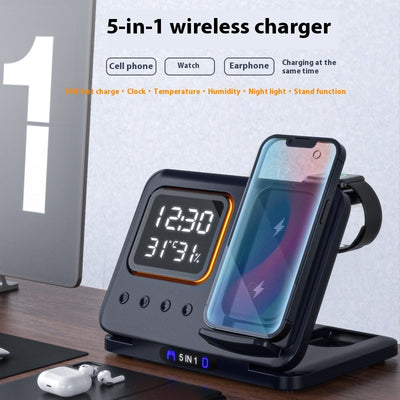5 In1 15W Wireless Fast Charger Dock, LED Digital Alarm Clock