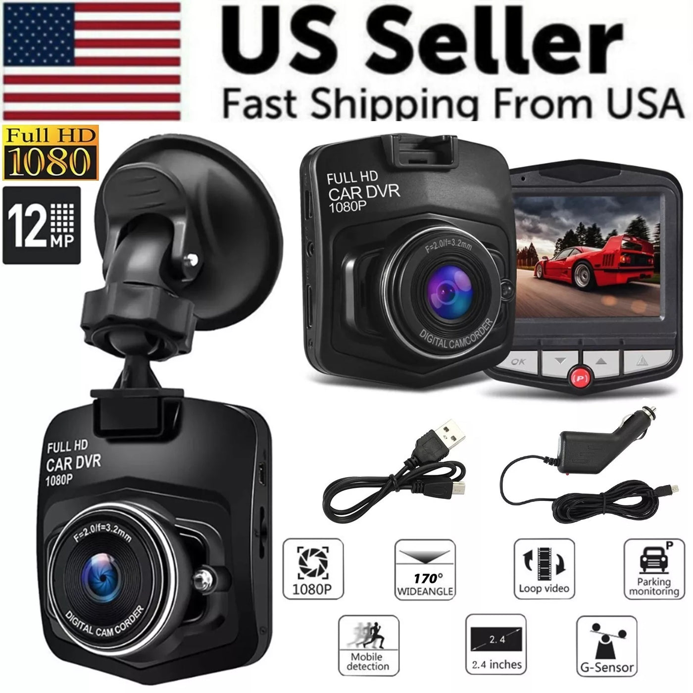 2.4 Inch, Full HD 1080P Dash Cam, Front Or Rear Camera, Night Vision, G Sensor